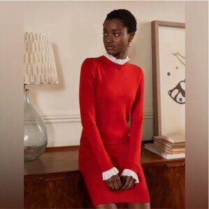 Boden Size 4L Beatrice Knit Dress Red Sweater‎ Long Sleeves Wool Cashmere Collar